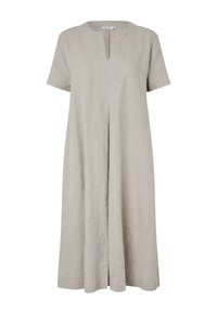 Korte mouw, beige linnen jurk met een losse pasvorm, voorzien van een V-hals en een voorplooie voor extra detail.