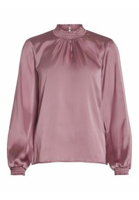 Satinblus i dammig ros, med hög smockad krage, långa puffärmar och elastiska manschetter för en avslappnad passform. Slät textur över hela blusen.