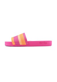 Pink slide sandal with a textured fabric upper featuring orange and yellow stripes. Flat sole with a durable grip design, labeled "flip * flop."