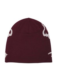 Burgundské pletené čepice s bílými vzorovanými akcenty. Má bezšvou korunu a žebrovaný uzávěr, vyrobenou z měkkého a pružného materiálu.