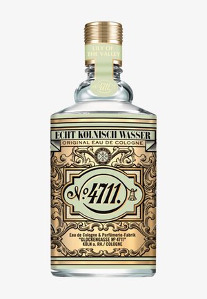 Transparente Glasflasche No. 4711 Original Eau de Cologne mit gold-beige verziertem Etikett und goldfarbenem Verschluss mit der Aufschrift "Maiglöckchen".