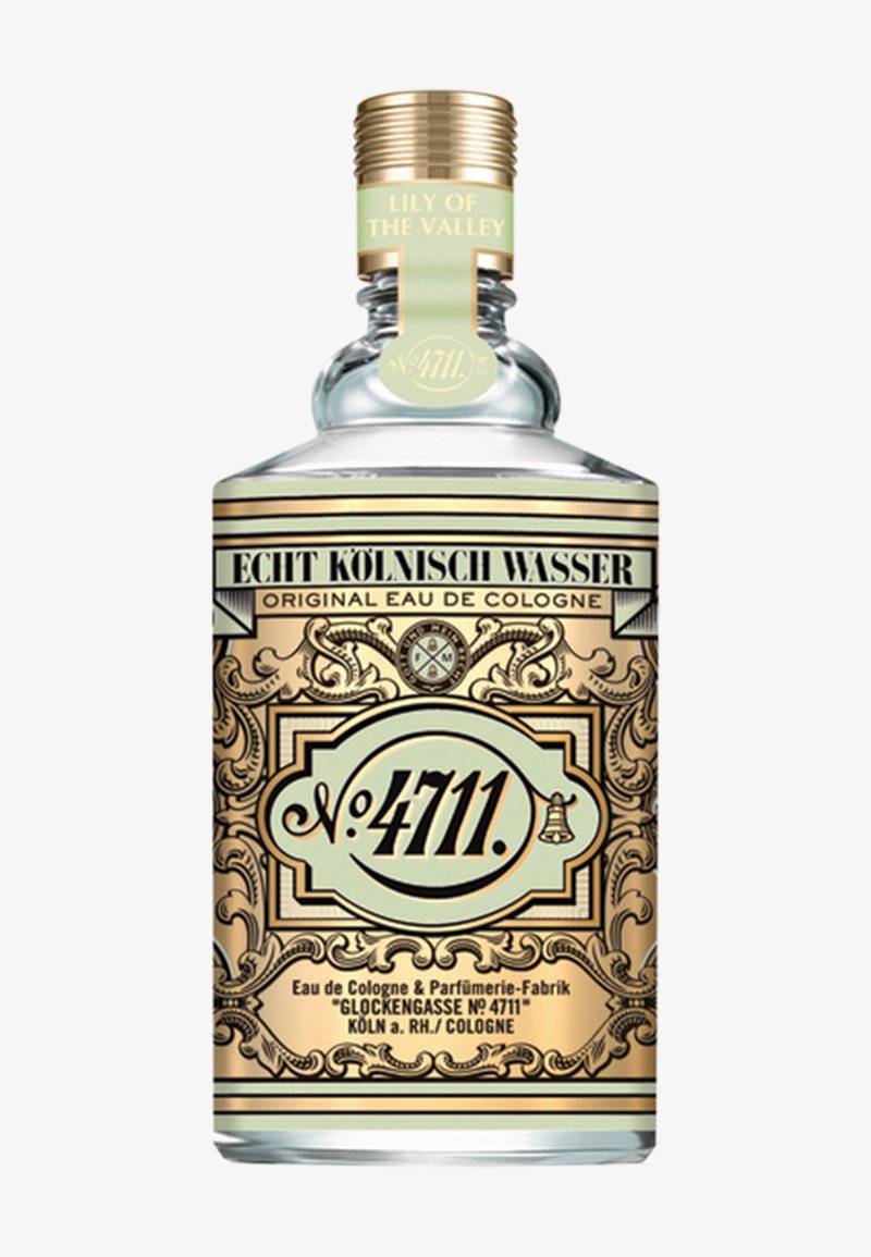 Transparente Glasflasche No. 4711 Original Eau de Cologne mit gold-beige verziertem Etikett und goldfarbenem Verschluss mit der Aufschrift "Maiglöckchen".