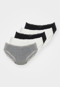 Set of five panties in gray, black, and white. Features lace trim and small ribbon accents. Made from soft, stretchy fabric for comfort.