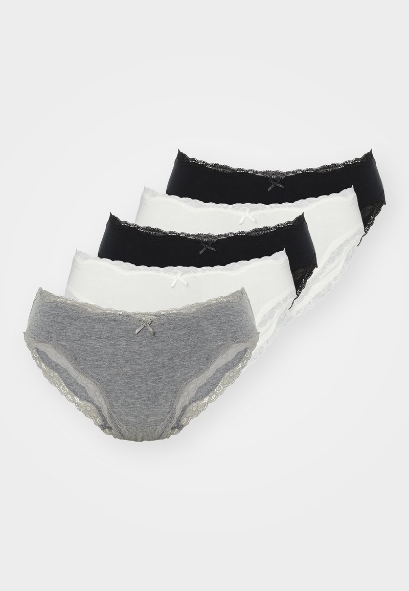 Set di cinque mutandine in grigio, nero e bianco. Presentano un bordo in pizzo e piccoli dettagli a fiocco. Realizzate in tessuto morbido ed elasticizzato per il massimo comfort.