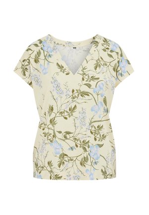 Blouse crème à manches courtes avec col en V, imprimé floral et feuillage bleu clair et vert.