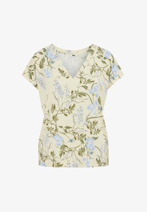 Kreminės spalvos trumpomis rankovėmis V formos kaklo palaidinė su šviesiai mėlynu ir žaliu gėlių bei vijoklių raštu.