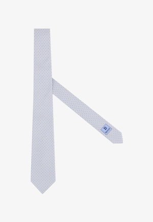 Cravate en soie bleu clair avec un petit motif géométrique bleu foncé et argenté, étiquette cousue près de l'extrémité étroite.