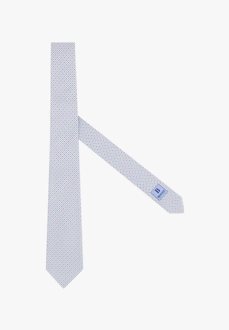 Cravate en soie bleu clair avec un petit motif géométrique bleu foncé et argenté, étiquette cousue près de l'extrémité étroite.