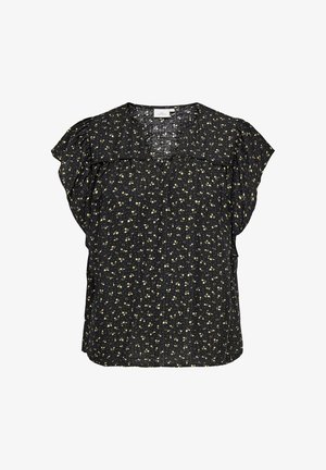 Svart bluse med korte ermer, lite gult blomstermønster, V-hals og teksturert stoffdetalj.