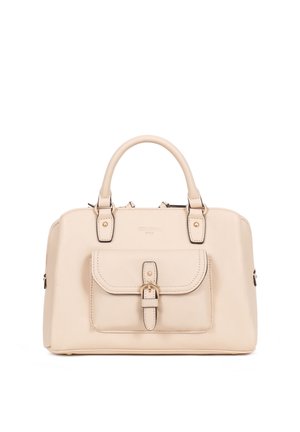 Borsa a mano in pelle beige con doppi manici, tasca anteriore con patta chiusa da una fibbia e dettagli in metallo color oro.