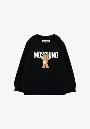 Felpa nera in cotone con polsini a coste. Presenta una grafica di un orsetto dei cartoni animati e il testo "MOSCHINO" in bianco sulla parte anteriore.