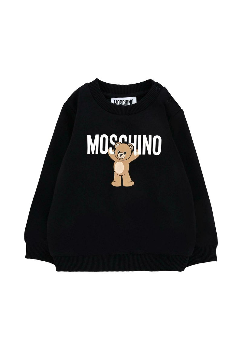Felpa nera in cotone con polsini a coste. Presenta una grafica di un orsetto dei cartoni animati e il testo "MOSCHINO" in bianco sulla parte anteriore.