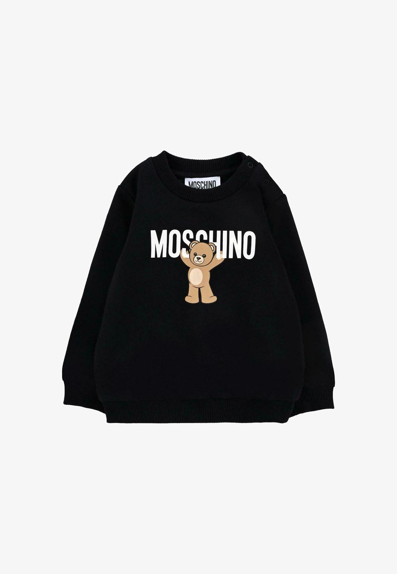 Felpa nera in cotone con polsini a coste. Presenta una grafica di un orsetto dei cartoni animati e il testo "MOSCHINO" in bianco sulla parte anteriore.