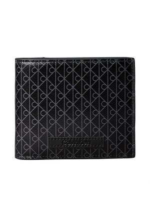 Black Calvin Klein wallet with embossed geometric pattern and stitched logo patch on front, rectangular shape with folded design.