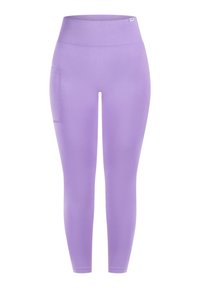 Paarse legging gemaakt van een rekbare stof. Hoge tailleband met een zijzak. Gladde textuur en een aansluitend ontwerp. Geen patronen of versieringen.