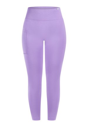 Lila Leggings aus einem dehnbaren Material. Hoher Bund mit seitlicher Tasche. Glatte Textur und figurbetontes Design. Keine Muster oder Verzierungen.