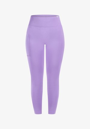 Lila Leggings aus einem dehnbaren Material. Hoher Bund mit seitlicher Tasche. Glatte Textur und figurbetontes Design. Keine Muster oder Verzierungen.