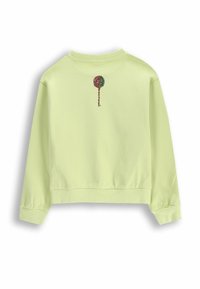 Jasnozielony sweatshirt z okrągłym dekoltem, marszczonymi mankietami i kolorowym grafikiem drzewa na plecach. Wykonany z miękkiego bawełnianego materiału.