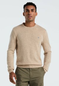 Beige gebreide trui met een ronde halslijn, geribde manchetten en zoom; heeft een klein geborduurd logo op de borst. Draagt over groene broek.
