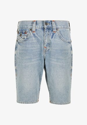 Světle modré džínové šortky s pěti kapsami, standardním pasem, oranžovými stehy a rovný střih.