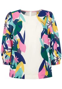 Long-sleeve blouse with elastic cuffs featuring a colorful abstract floral pattern on white background.