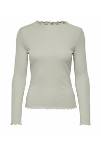 Helles graues, geripptes Langarmshirt mit Rüschensaum am Kragen, den Bündchen und dem Saum.
