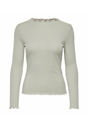 Šviesiai pilkas raštuotas ilgos rankovės marškinėlis su užraitytomis briaunomis ant apykaklės, rankogalių ir apatinės dalies.