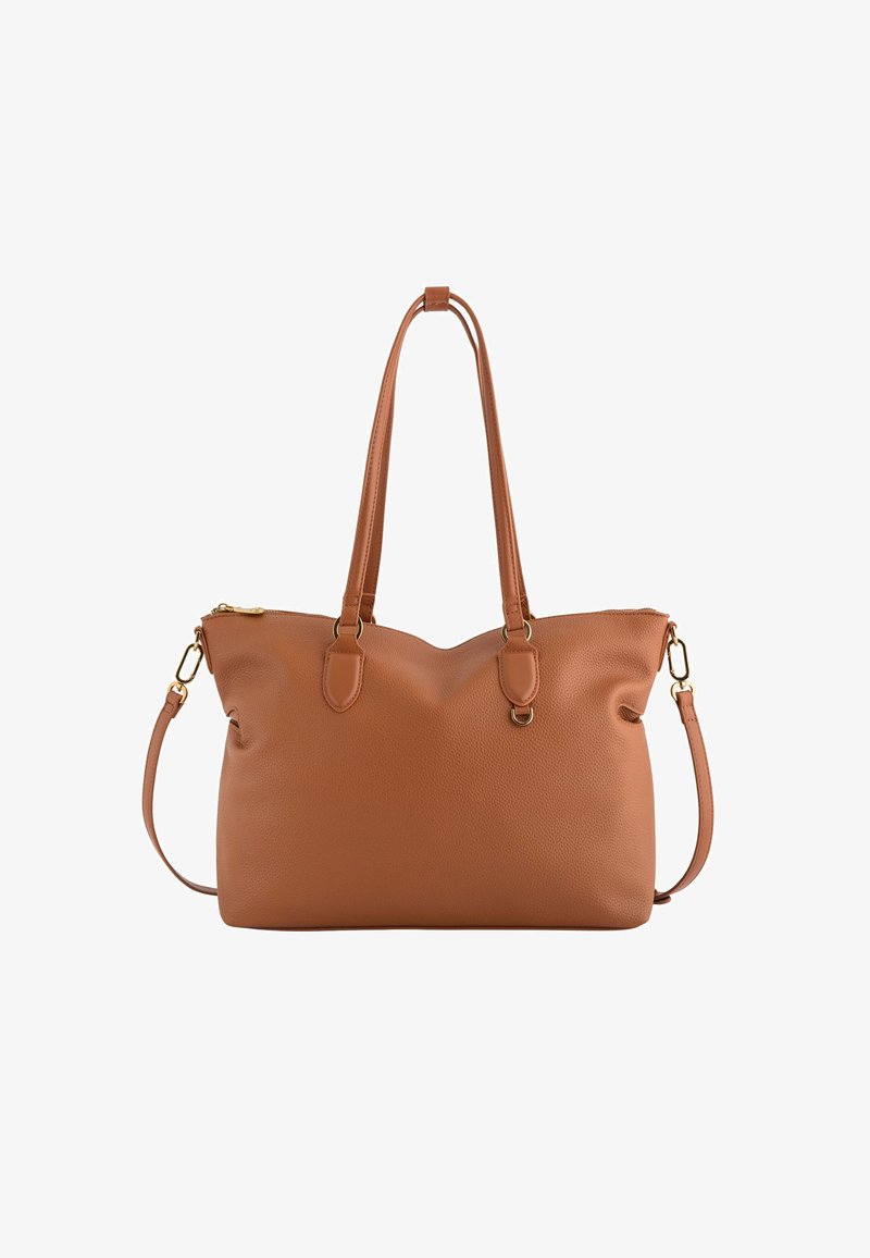 Brun tekstureret læder tote taske med to lange håndtag og aftagelig skulderrem, med guldfarvet hardware og lynlås lukning på toppen.