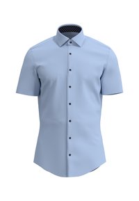 Camicia a maniche corte di colore azzurro chiaro con colletto nero a fantasia. Presenta bottoni neri e un tessuto liscio e strutturato.