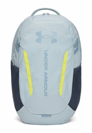 Light blue Under Armour backpack with yellow vertical stripes, black mesh side pockets, and a top handle.