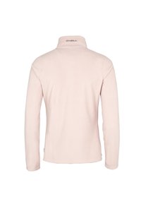 Hellrosa Fleece-Pullover mit hohem Kragen, langen Ärmeln und einem Markenlogo am Hals. Weiche Textur und schlichtes, schnörkelloses Design.