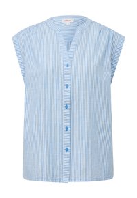 Lichtblauwe gestreepte blouse met een ronde hals, korte mouwen en een knopenluiting aan de voorkant met blauwe knopen en een losvallend design.