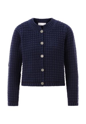 Navy blue knitted cardigan with a textured pattern, round neck, long sleeves, and five silver-tone buttons down the front.
