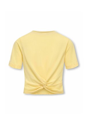 Short-sleeve pale yellow cropped t-shirt with a twisted knot detail at the front center hem.