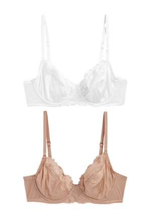 Zwei Spitzenbesetzte Bügel-BHs mit verstellbaren Trägern, einer weiß und einer beige, auf weißem Hintergrund dargestellt.