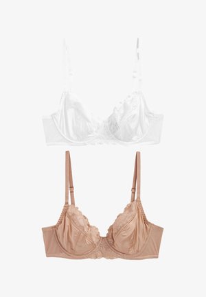 Zwei Spitzenbesetzte Bügel-BHs mit verstellbaren Trägern, einer weiß und einer beige, auf weißem Hintergrund dargestellt.