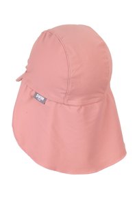 Pink sun hat made of stretch fabric, featuring a rounded top, wide brim, and a small label on the side. Soft texture and flexible design.