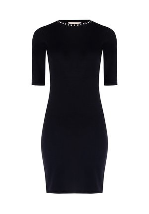 Abito nero aderente con maniche corte, design attillato e scollatura rotonda decorata con embellishments metallici intorno al colletto.