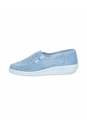 Light blue slip-on shoe with white sole, featuring a suede texture and perforated square cutouts for ventilation.