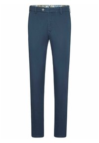 Marineblaue Baumwollhose mit geradem Bein. Sie verfügt über einen Knopfverschluss und einen floral gemusterten Innenbund. Glatte Textur.