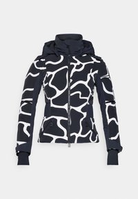 Marineblaues, gemustertes Jacket mit weißen abstrakten Designs, Reißverschluss vorne, isolierender Füllung, verstellbare Kapuze und zwei Seitentaschen.