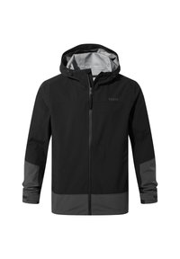 Black and dark gray outdoor jacket with hood, full front zipper, adjustable cuffs, and TOG24 logo on the chest.
