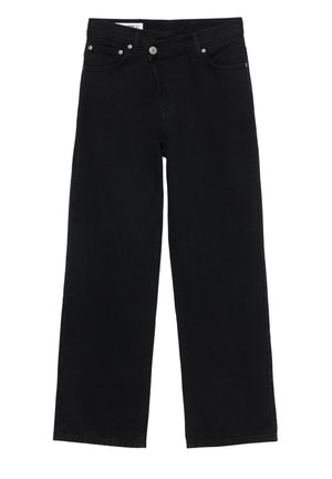 Black high-waist wide-leg jeans with front button and zipper closure, belt loops, and five pockets on a white background.