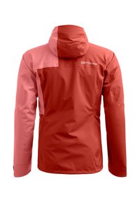 Red and pink waterproof jacket with a hood, featuring a color-blocked design and the "ORTOVOX" logo on the upper back. Smooth texture.