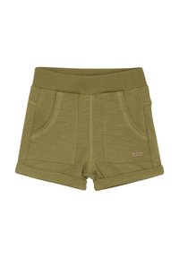 Olivgrön bomullsshorts med en mjuk elastisk midja, som har två framfickor och uppvikta fållar. Sömdetaljer ger textur.