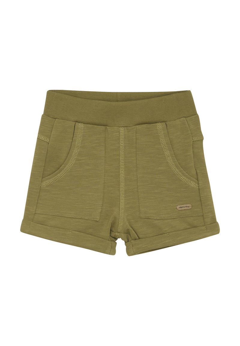 Olivgrön bomullsshorts med en mjuk elastisk midja, som har två framfickor och uppvikta fållar. Sömdetaljer ger textur.