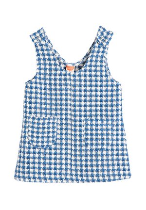Blå-hvid ternet ærmeløs kjole med rund halsudskæring, forlommer og knapdetaljer på skulderstropperne. Fremstillet af struktureret stof.