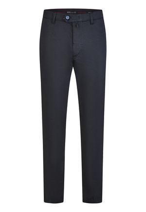 Pantaloni slim fit da uomo blu scuro con passanti per cintura, bottone frontale e chiusura lampo.