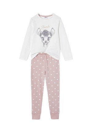 Weißes Langarmshirt mit Bambi-Grafik. Rosa Hose mit weißem Herzmuster. Aus weichem Stoff gefertigt; lockerer Schnitt mit elastischem Bund.