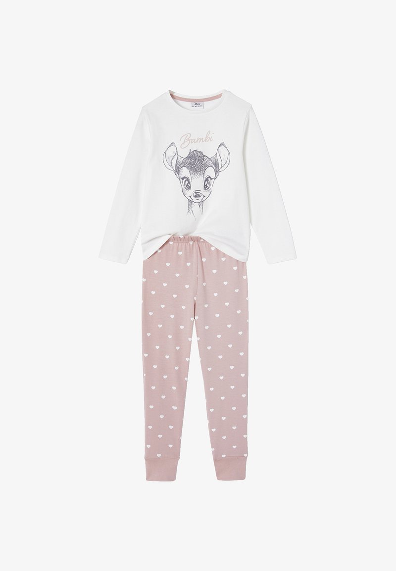 White long-sleeve top with Bambi graphic. Pink pants feature white heart pattern. Made of soft fabric; relaxed fit with elastic waistband.